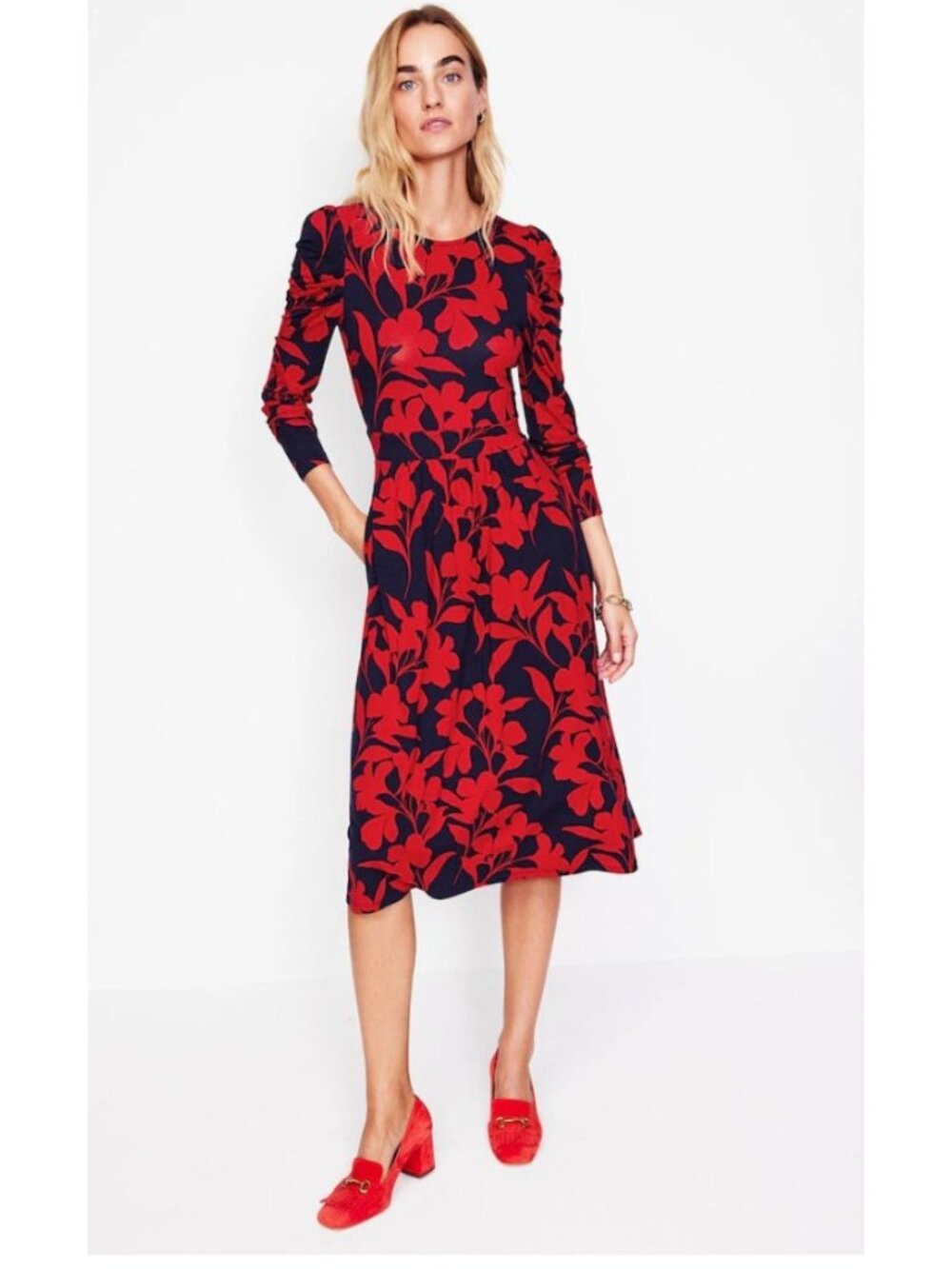 Boden Midi Dress Womens 6 Long‎ Red Floral Long Sleeve Jersey Knit New